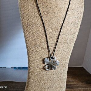 Vintage Danon Silver 5Petal Flower Pendant on Cord Necklace